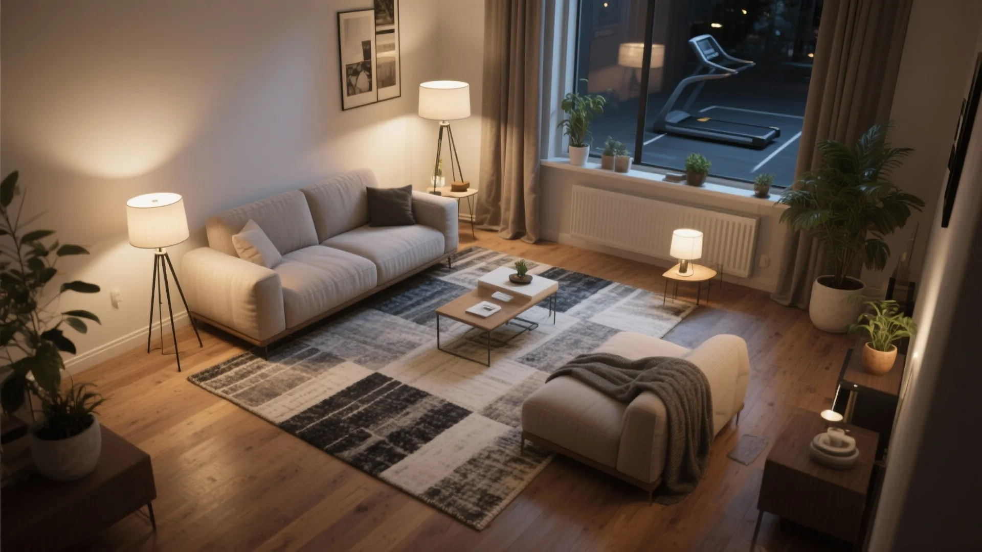 Modern cozy living room with grey sofa patterned rug wood floor floor lamps and plants