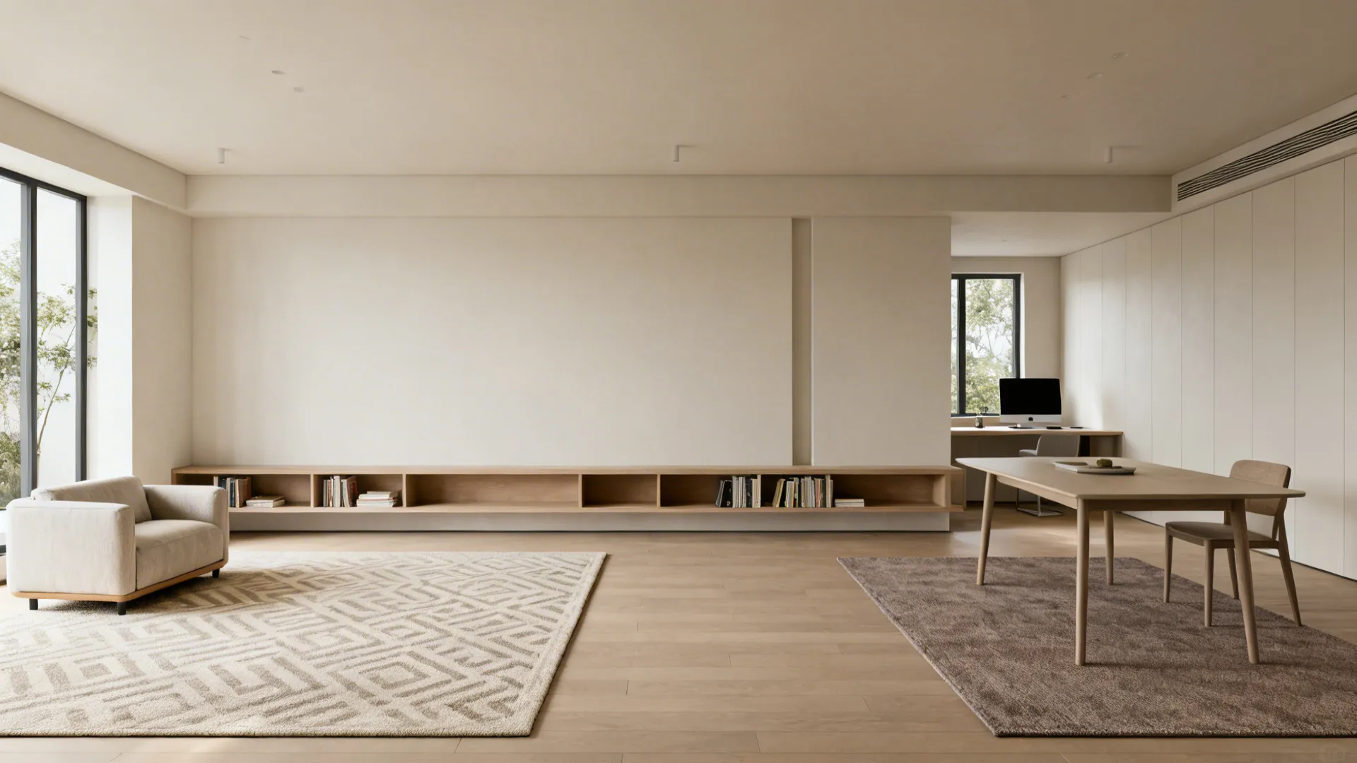 Open-plan small room divided into living and dining zones by rugs and a low open shelf between them.