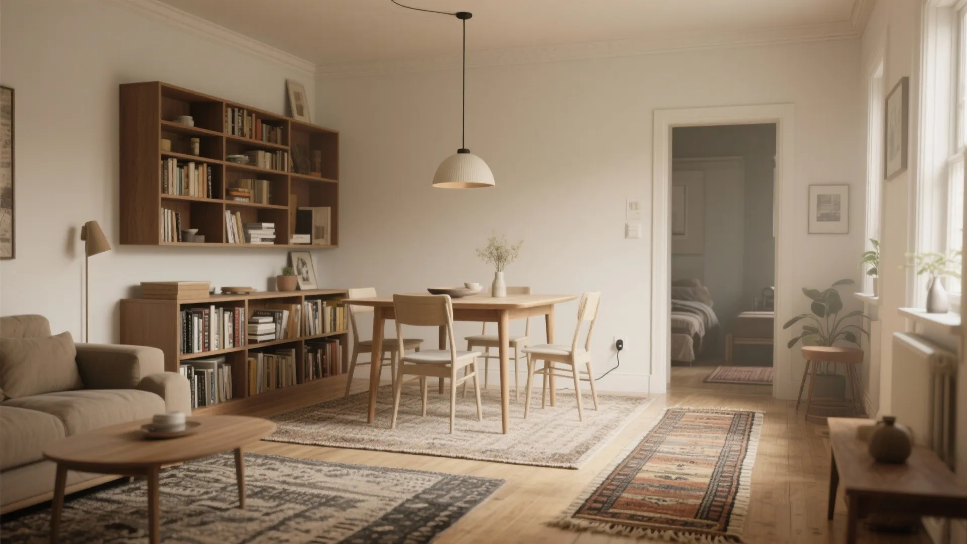 Living and dining zones defined by rugs, a hanging pendant and a low open shelf divider in a small room.