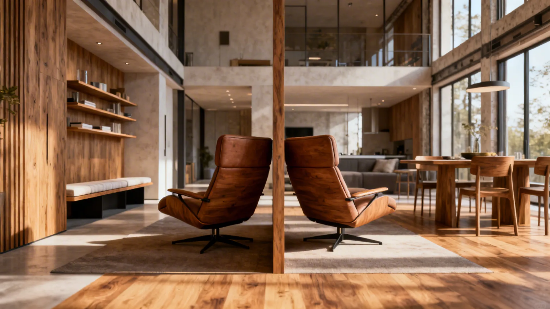 Open-plan loft with two recliners positioned back-to-back to separate living and dining zones