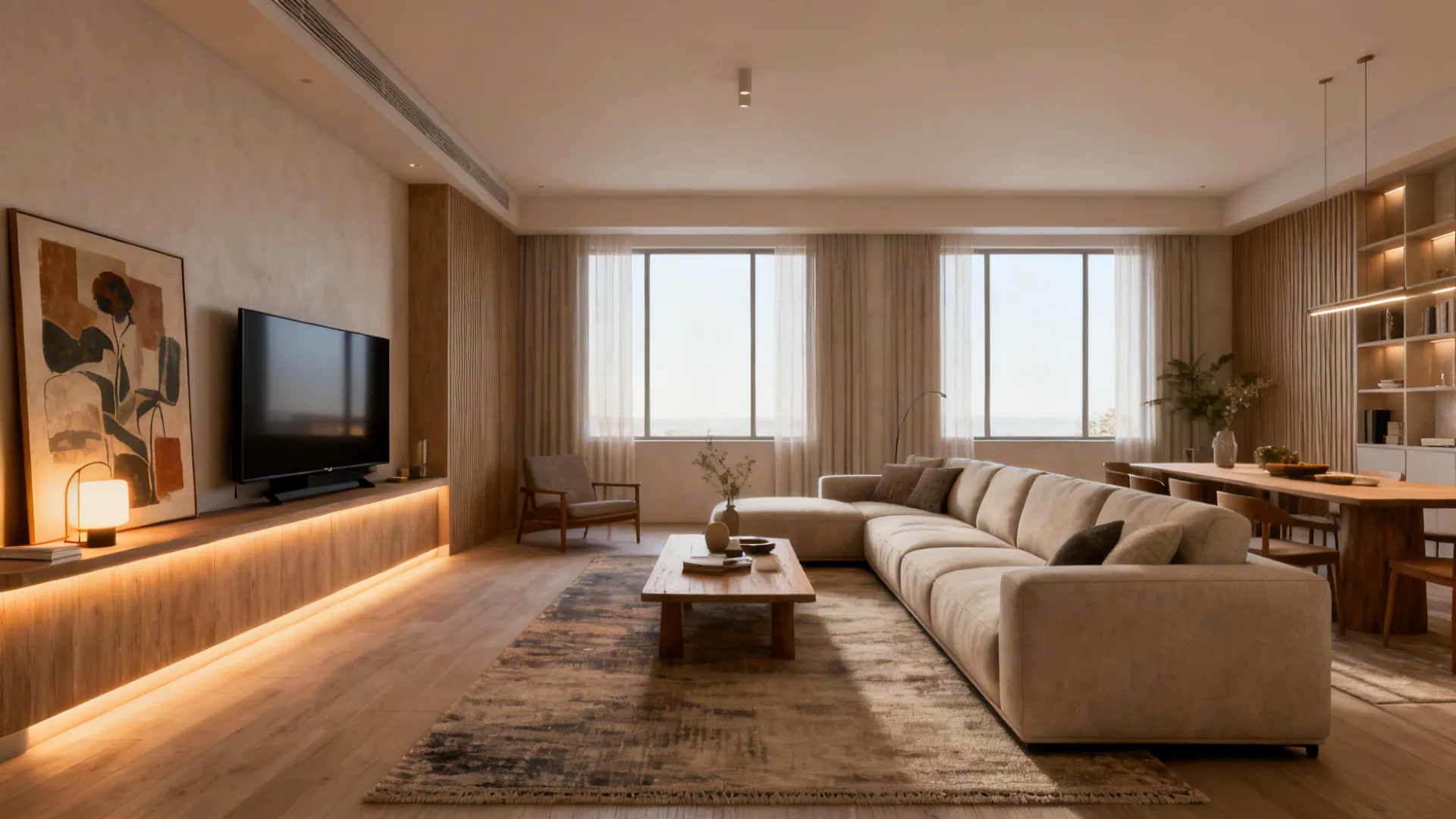 Modern living room featuring large beige sofa wooden coffee table television and warm ambient interior lighting