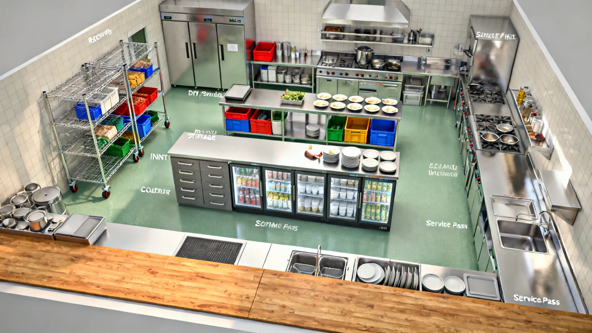 Top-down plan of a kitchen with menu-mapped zones and FIFO storage near the prep line.
