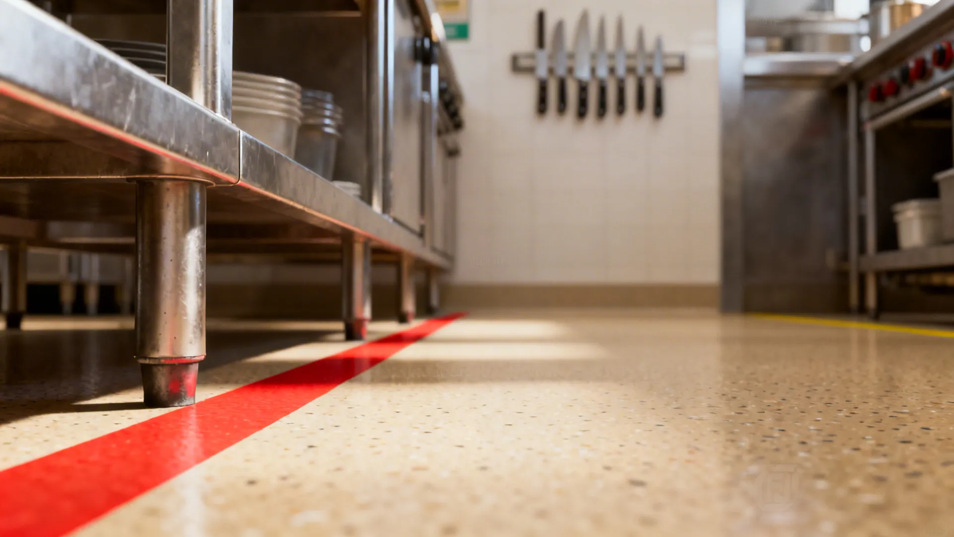 Macro of colored floor tape defining prep and cook zones on an epoxy floor.