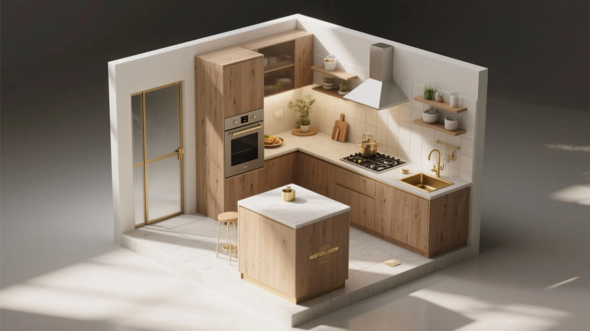 Interior design drawing showing a wooden kitchen with island stove sink and gold metal hardware