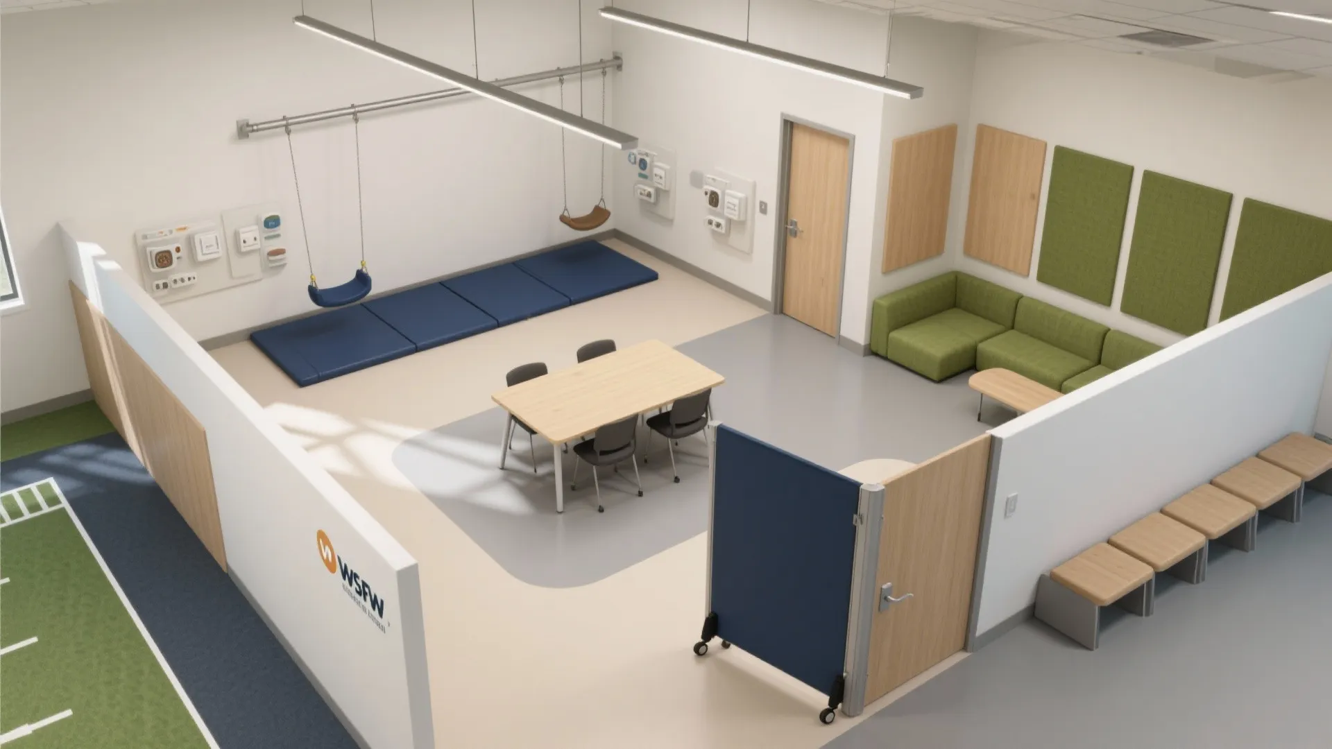 Top down room layout of a therapy center with blue mats indoor swings and green sofa