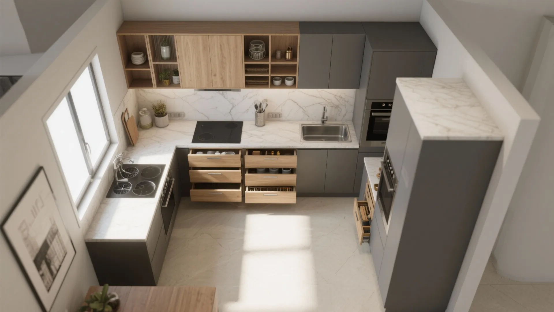 Top down view of a gray and wood kitchen layout with open drawers and marble countertop