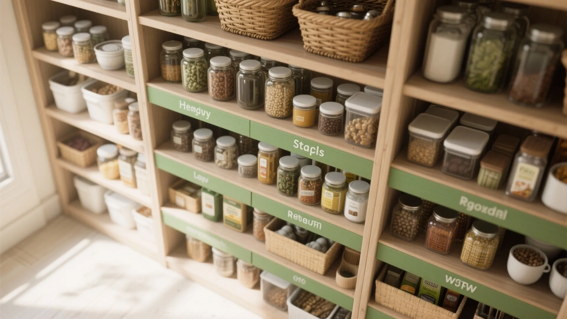 Wooden pantry shelves with green labels organized with glass jars baskets and small white bins