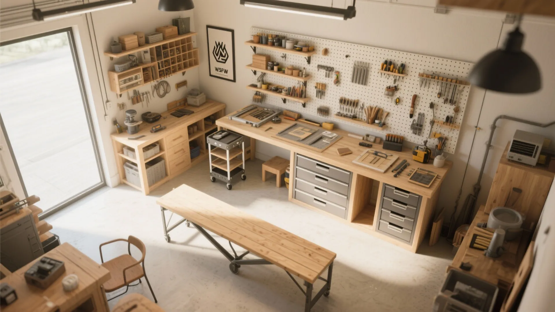 Well organized wooden workshop with a pegboard wall large workbench tools cabinets and a long bench