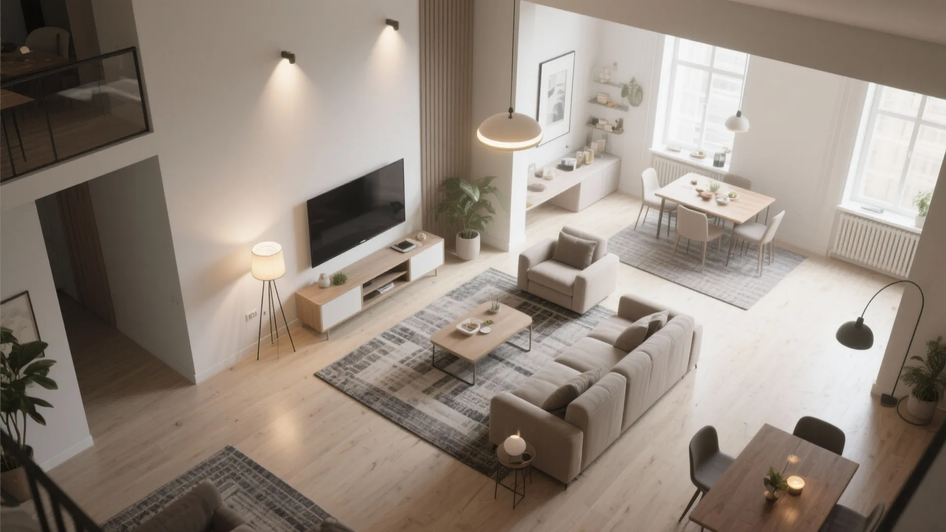 2. Define zones with rugs and lighting