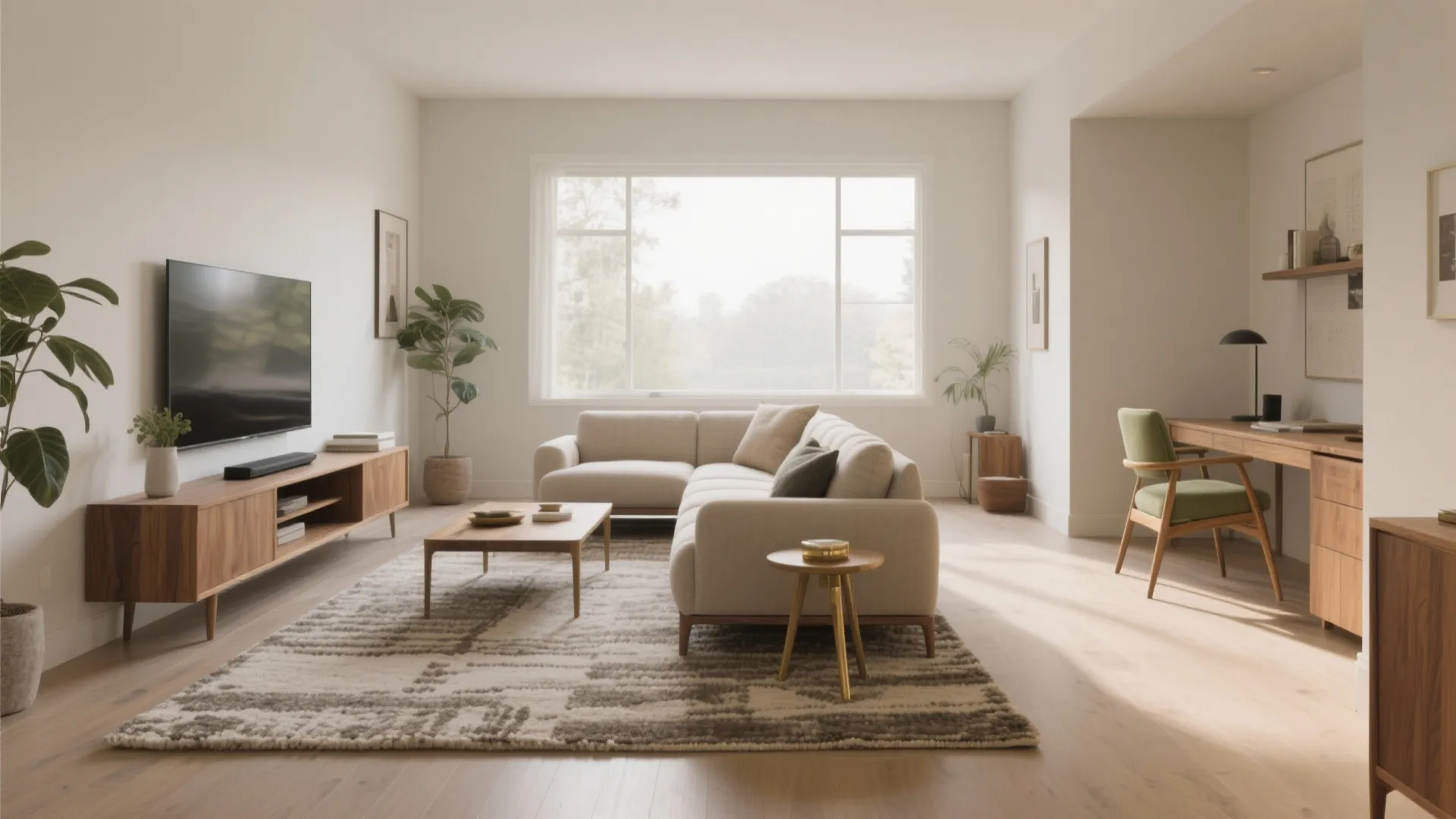 Spacious living room with cream sofa, wooden coffee table, large window, and small home office