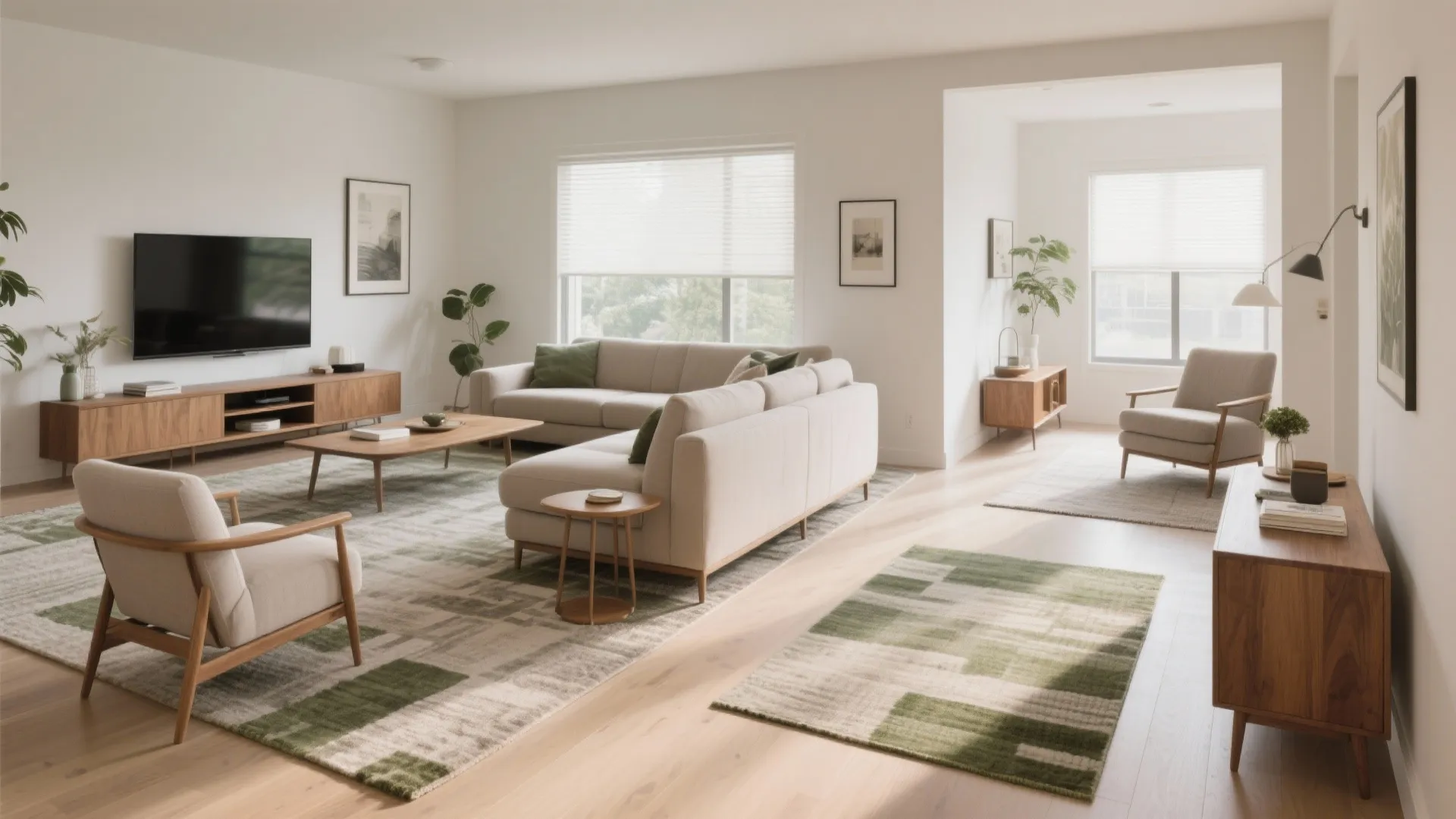 Modern bright living room featuring a beige sofa wooden coffee table and green patterned rugs