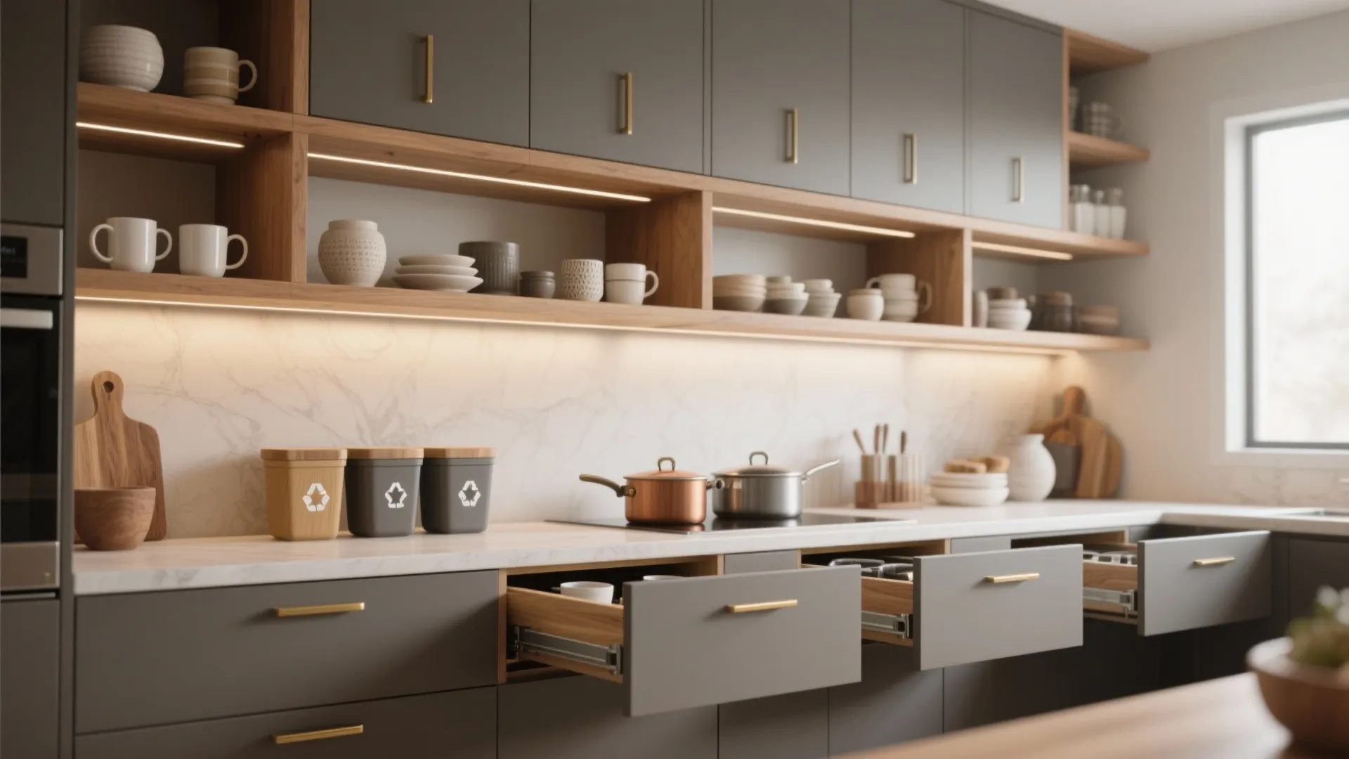 1. Zone vertically: open upper storage + hidden lower drawers