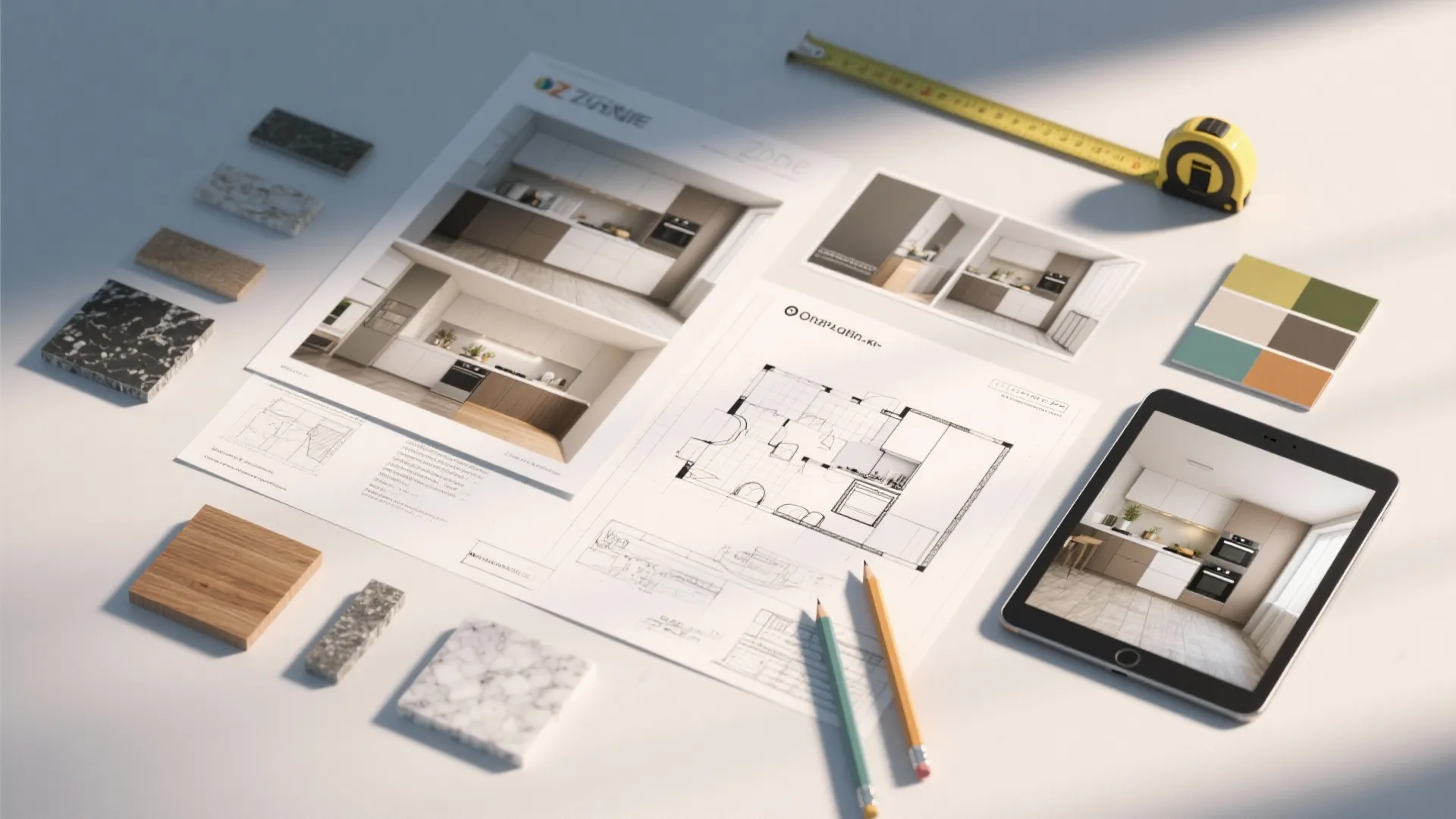 Interior design drawing with kitchen plan material samples measuring tape tablet and pencils on white desk