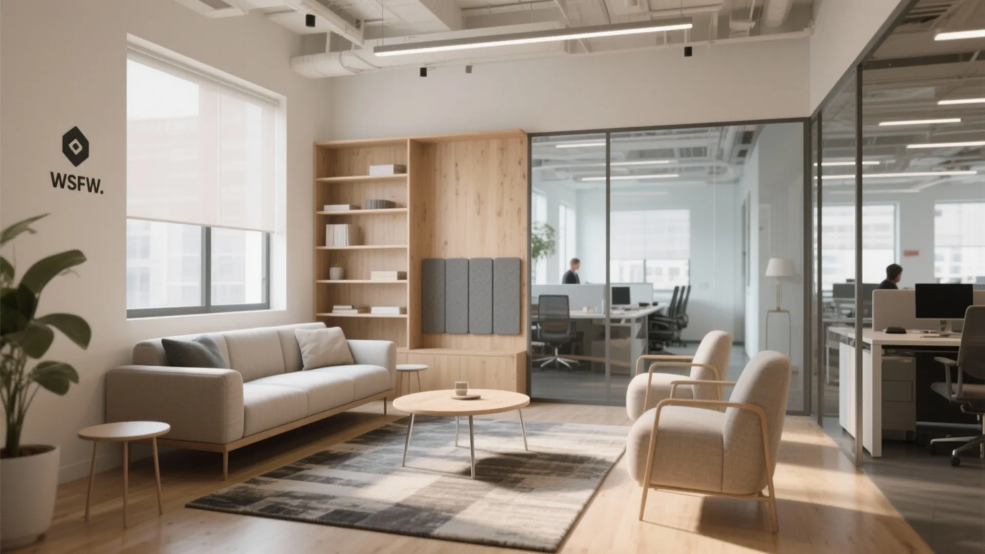 Open-plan small office zoned with low-back sofa, open shelving, rugs and acoustic panels to create areas without walls.