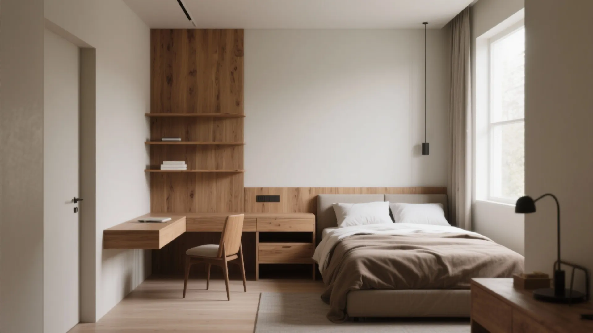 Modern bedroom with wooden wall panel shelves desk and chair next to a large bed