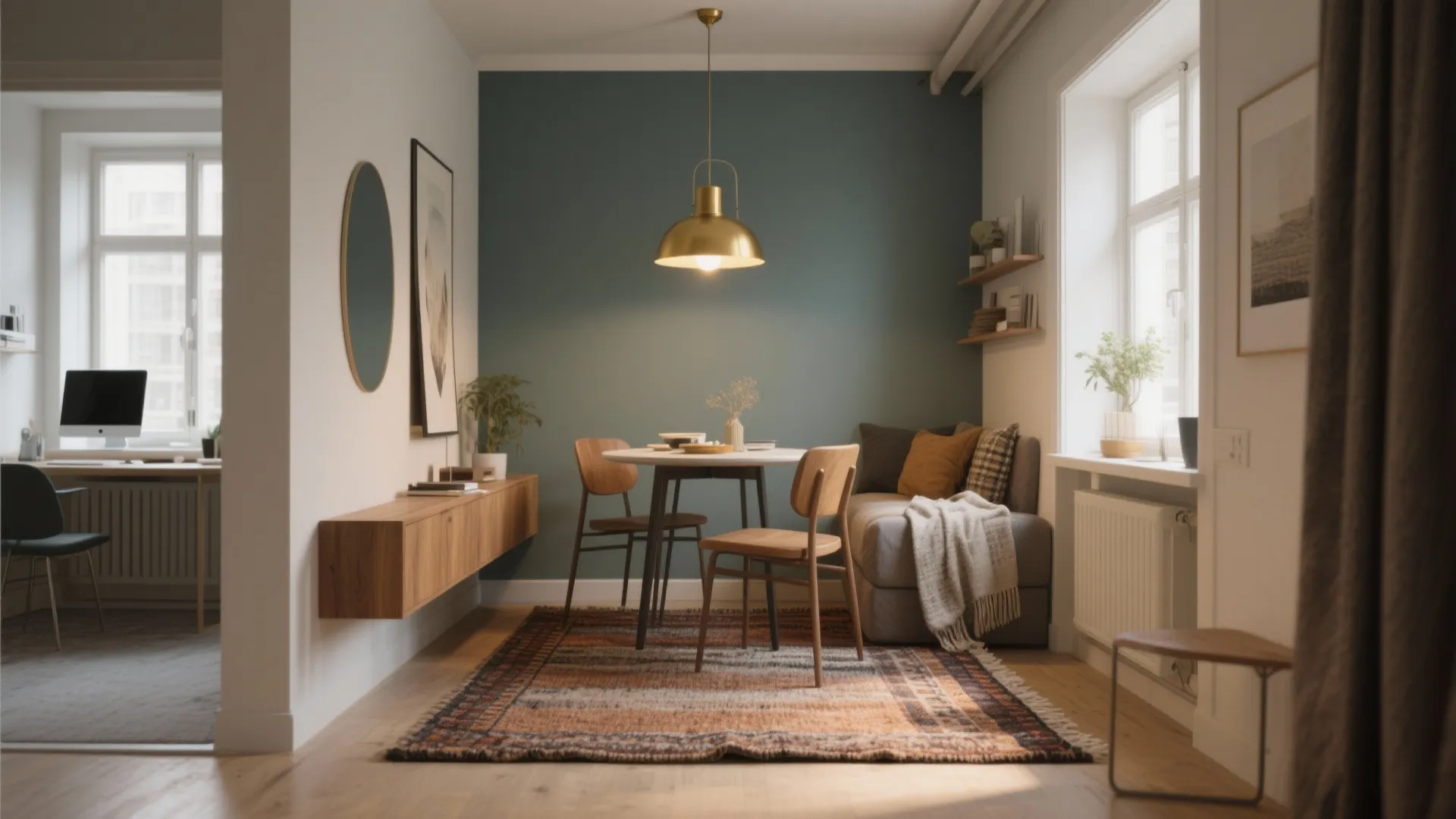 Small dining room with blue wall round wooden table grey sofa and gold ceiling light