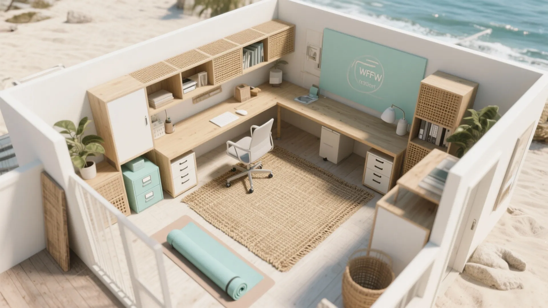 Interior design drawing of a beach office with wooden desk white chair rug and sea view