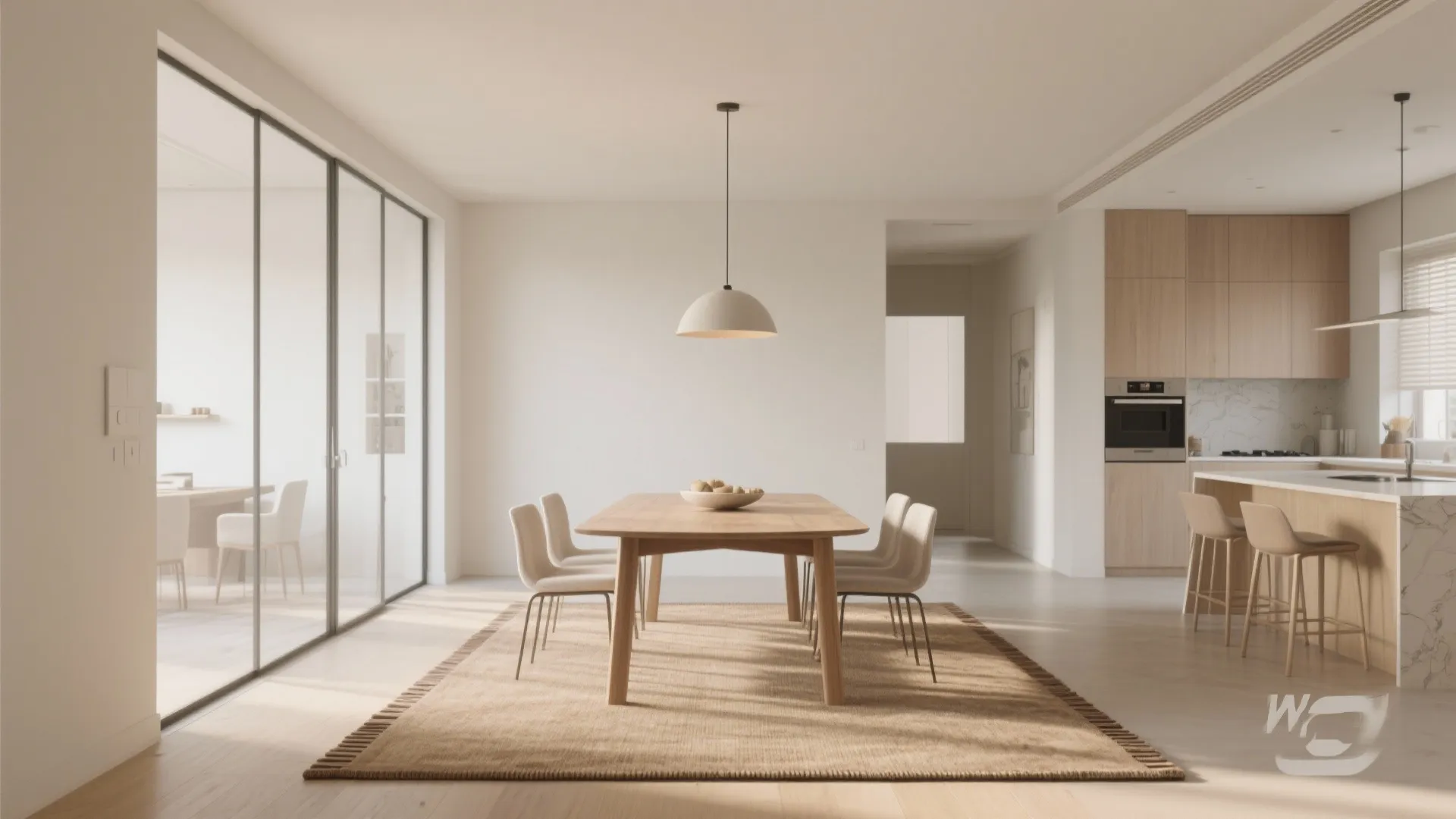 Minimalist dining room with wooden table on a rug next to a modern kitchen area