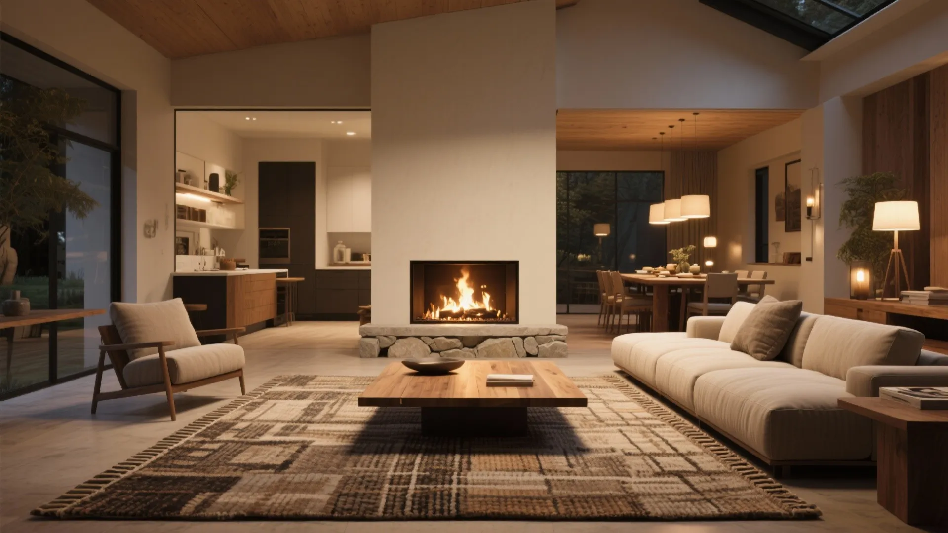 4. Zone with Rugs, Lighting, and a Low Hearth Table