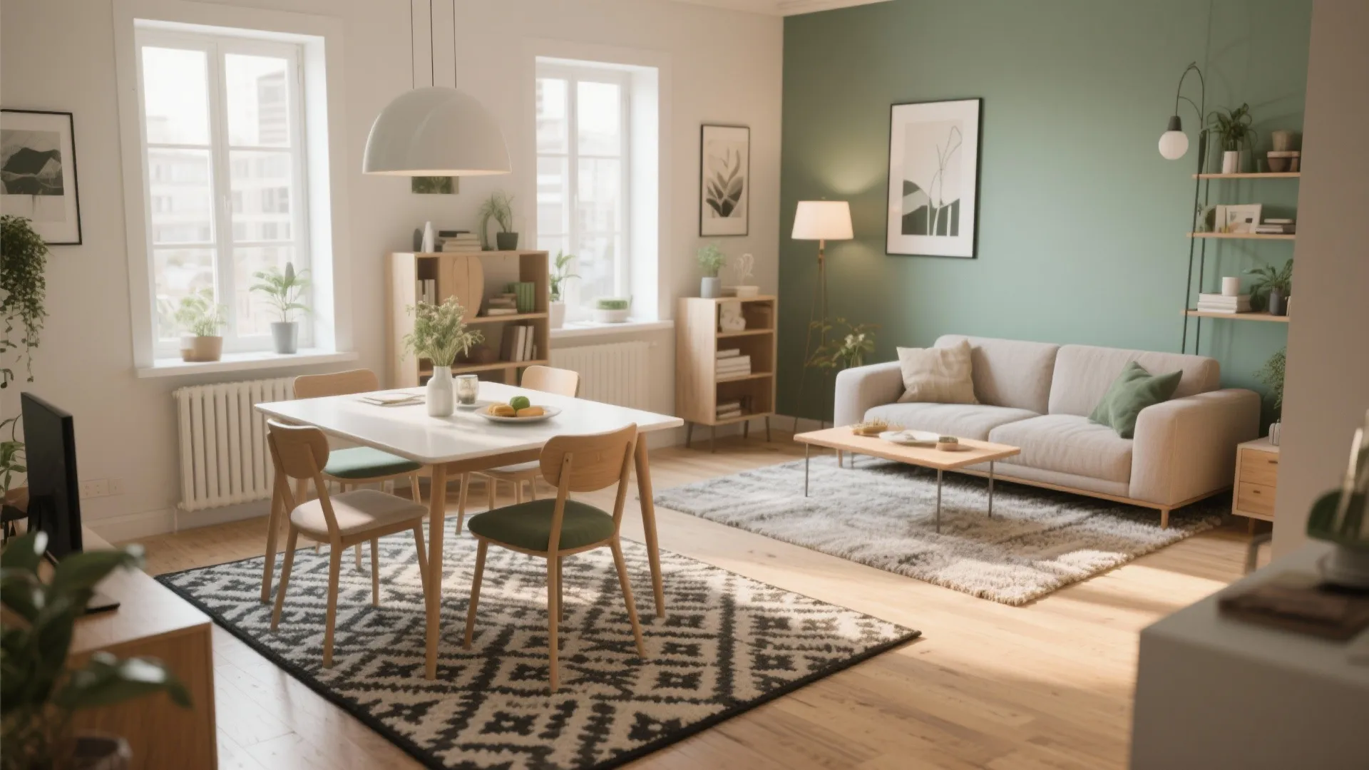Modern open plan living and dining room with green wall, grey sofa, and wooden floor