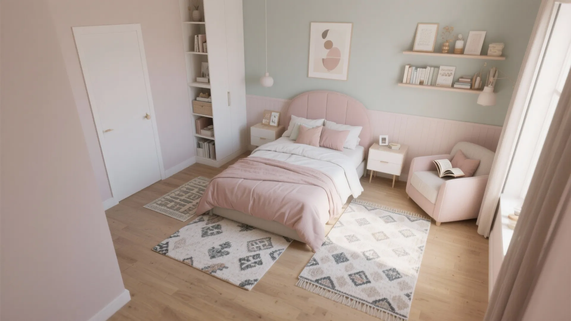 Pink and green bedroom room layout with multiple patterned rugs on light wood floorboards design