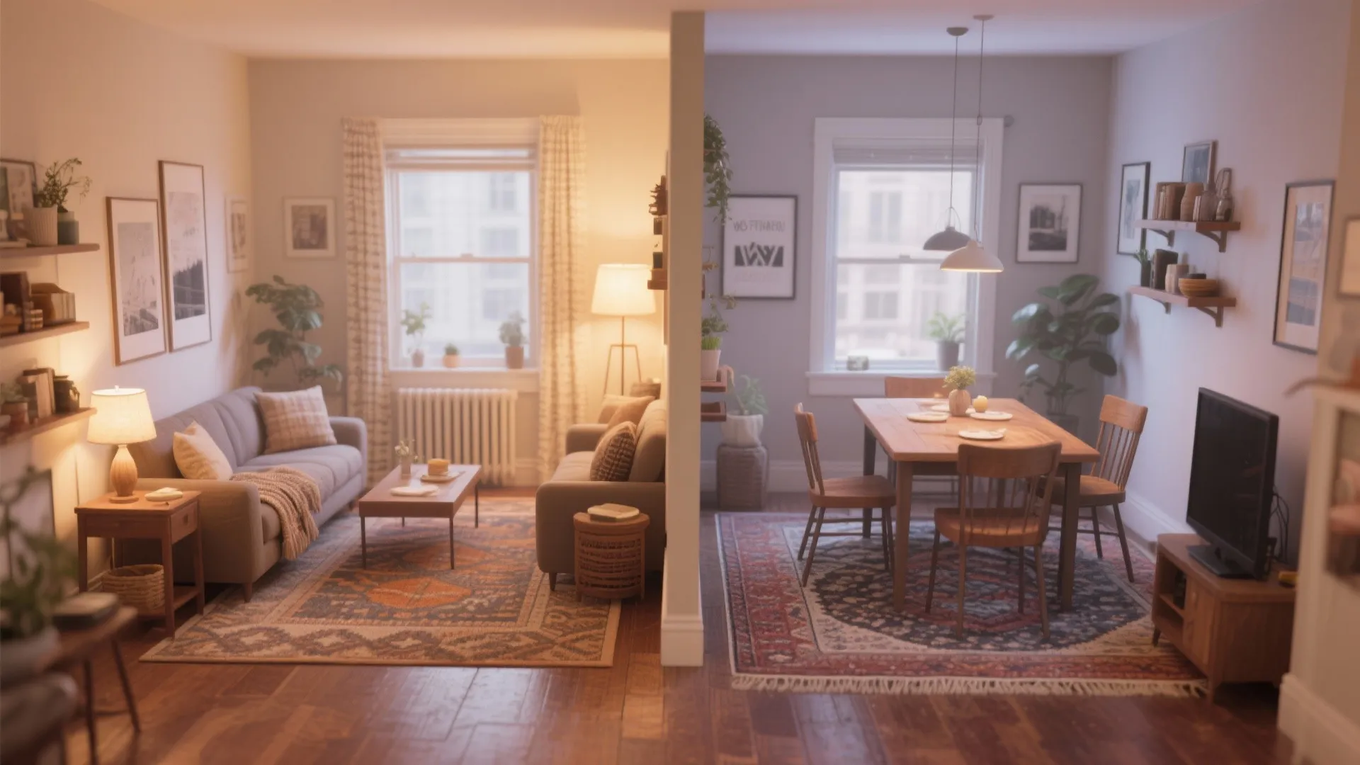Side by side view showing a warm living room and a cool dining room space