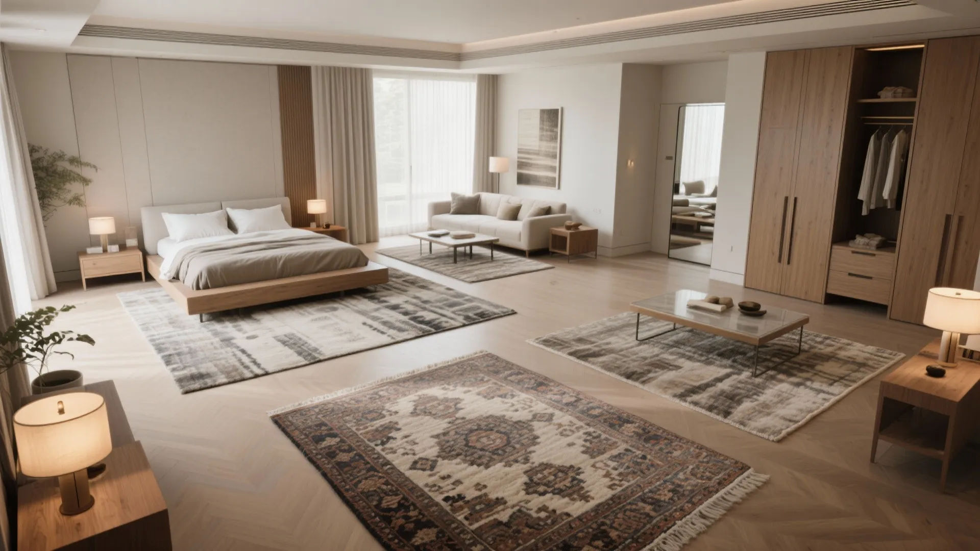 Large modern bedroom with wooden furniture several patterned rugs defining different floor zones and light