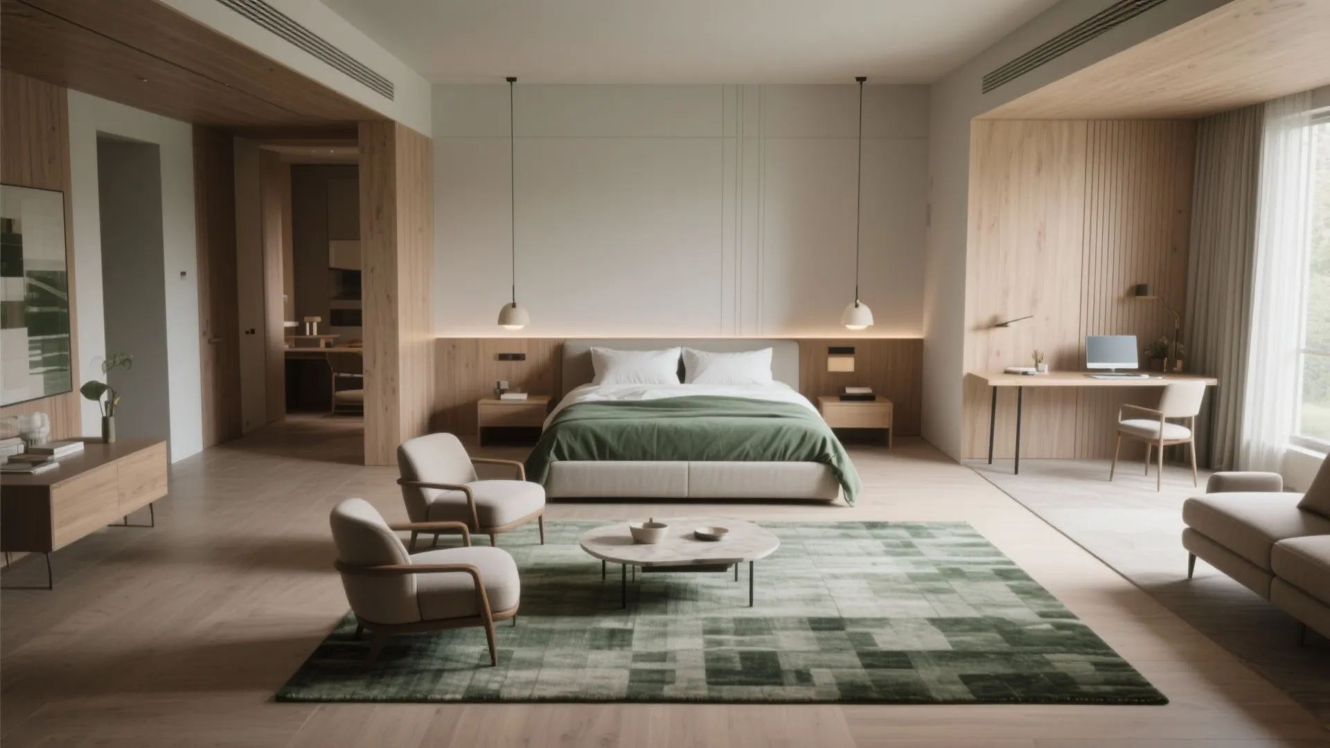 1. Carve zones with rugs, lighting, and furniture arrangements