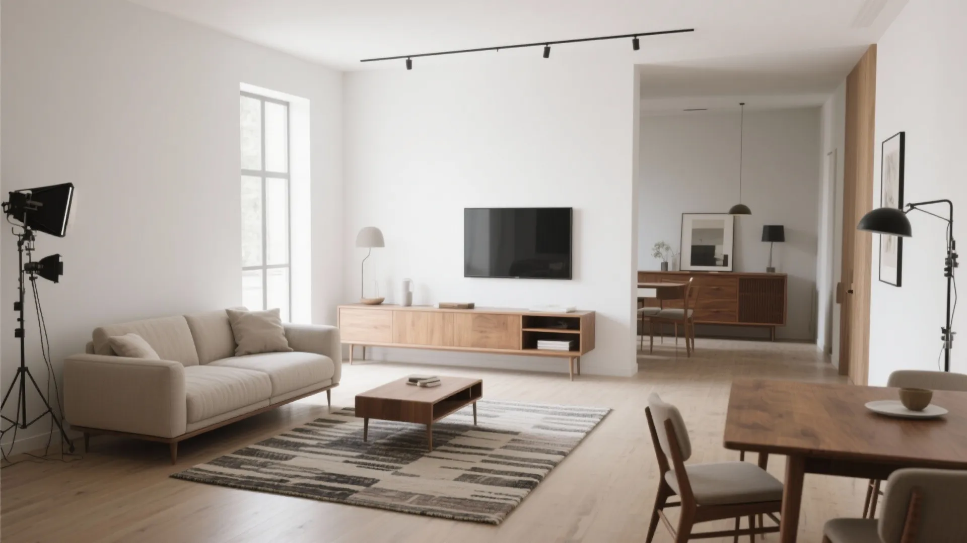 Studio layout with white walls where a rug and furniture anchor separate functional zones.