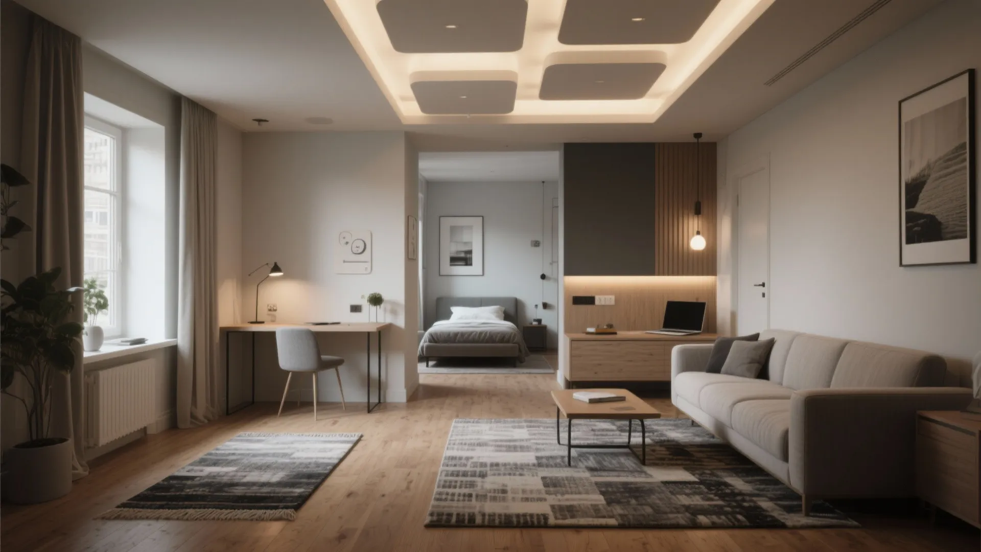 1. Zone with rugs, lighting, and scale