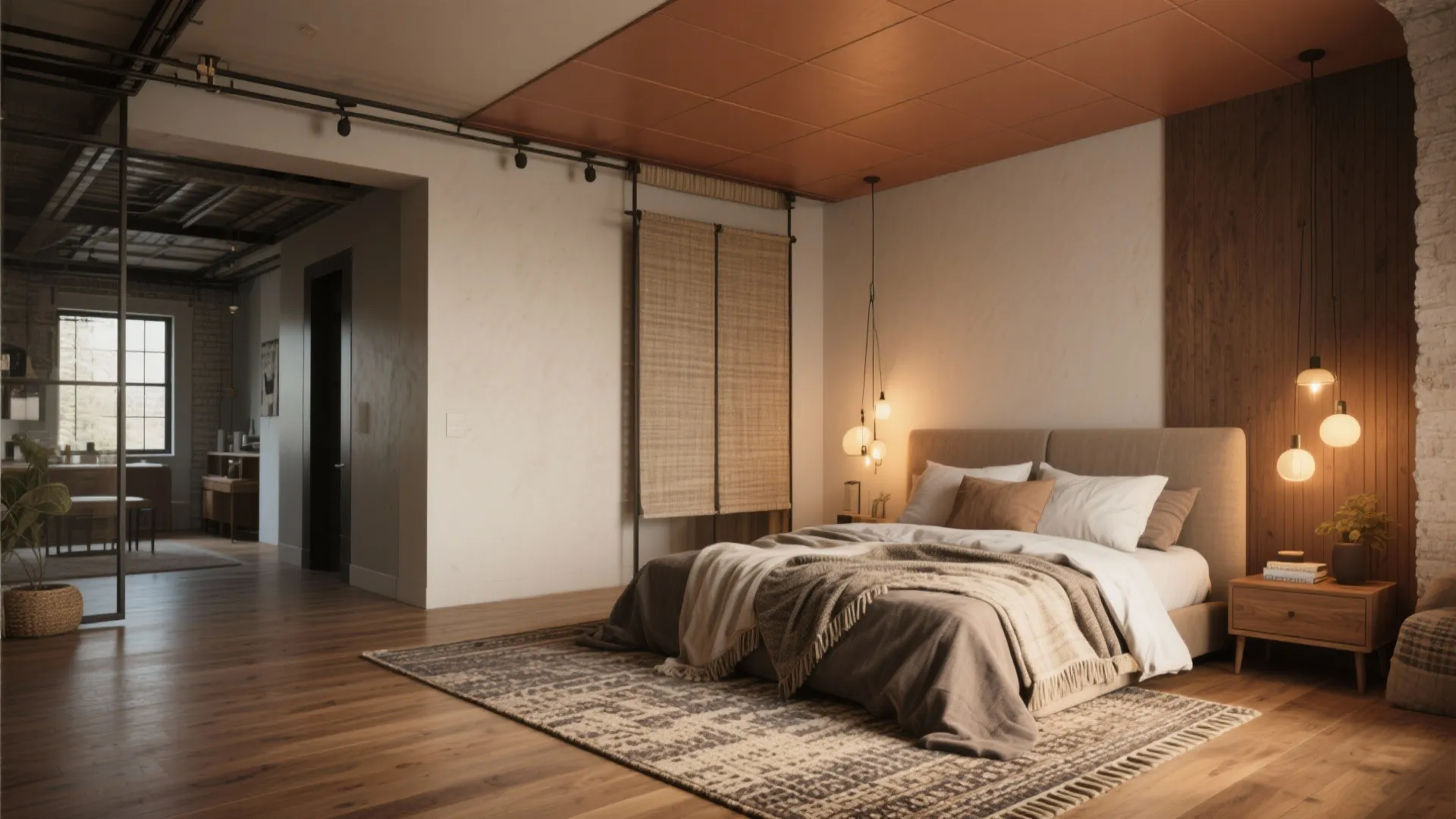 Modern bedroom with wooden floor patterned rug hanging lights orange ceiling and a large bed