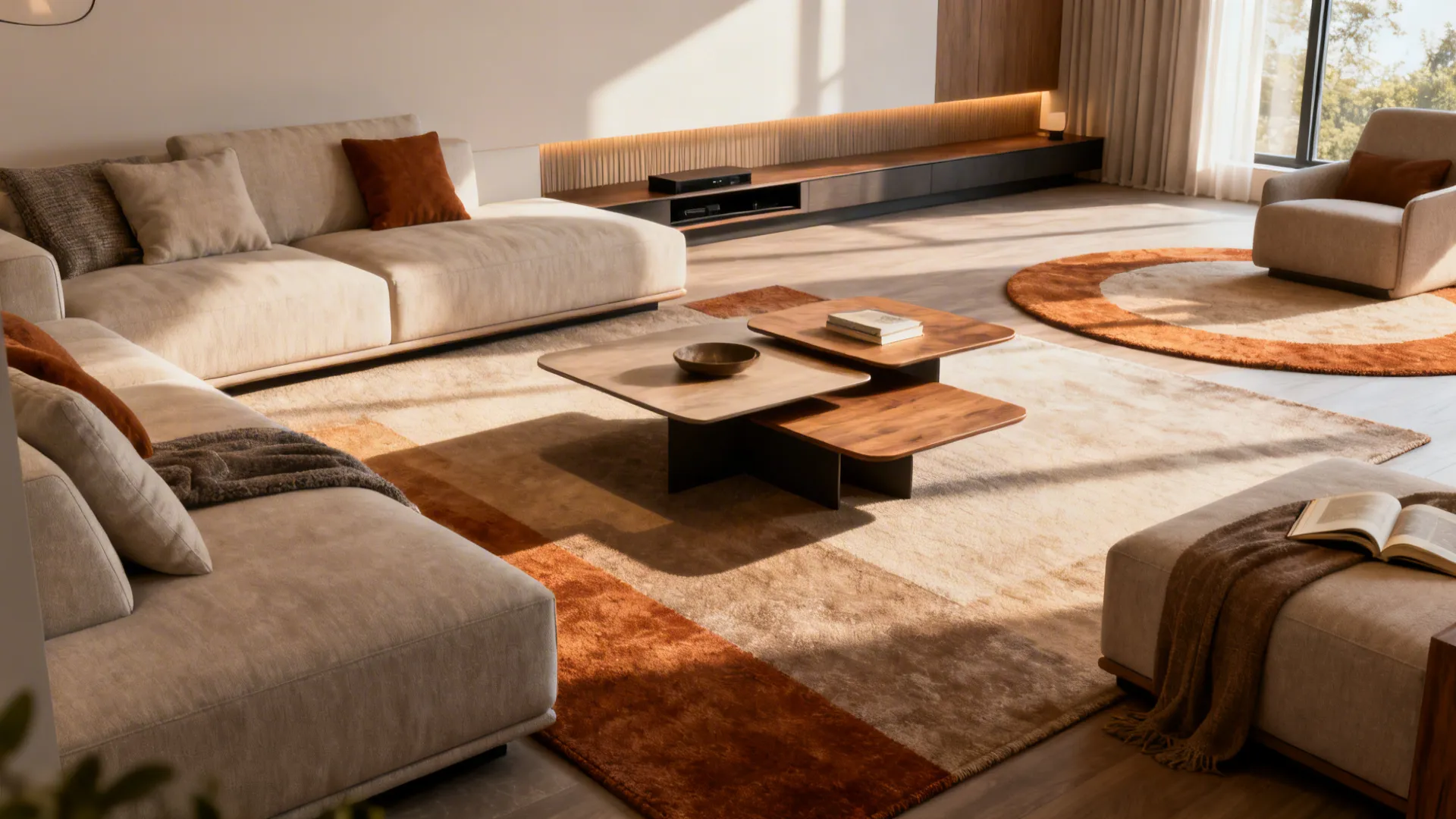 Small living area zoned by layered rugs and a low-profile sofa with nesting tables.