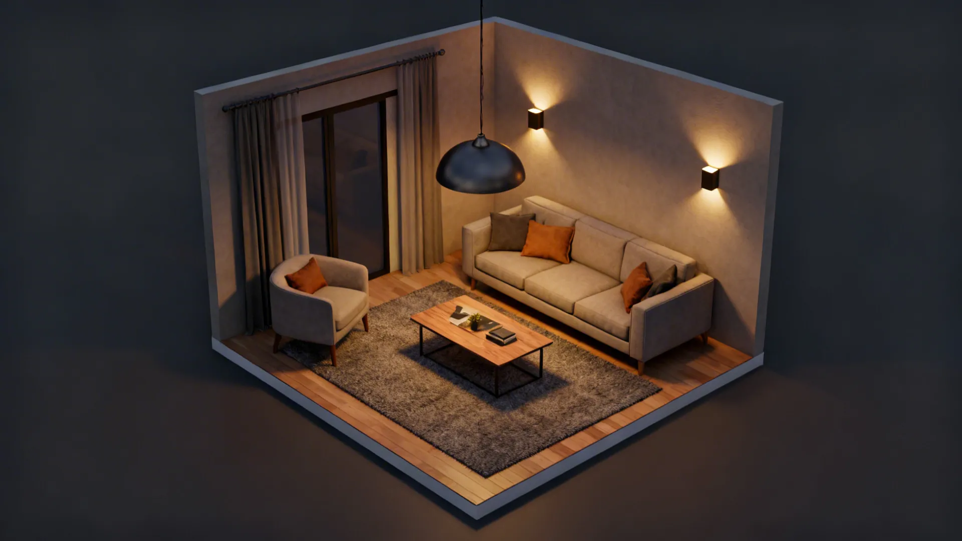 Small living room with a rug defining seating and layered lighting including pendant and wall sconces.
