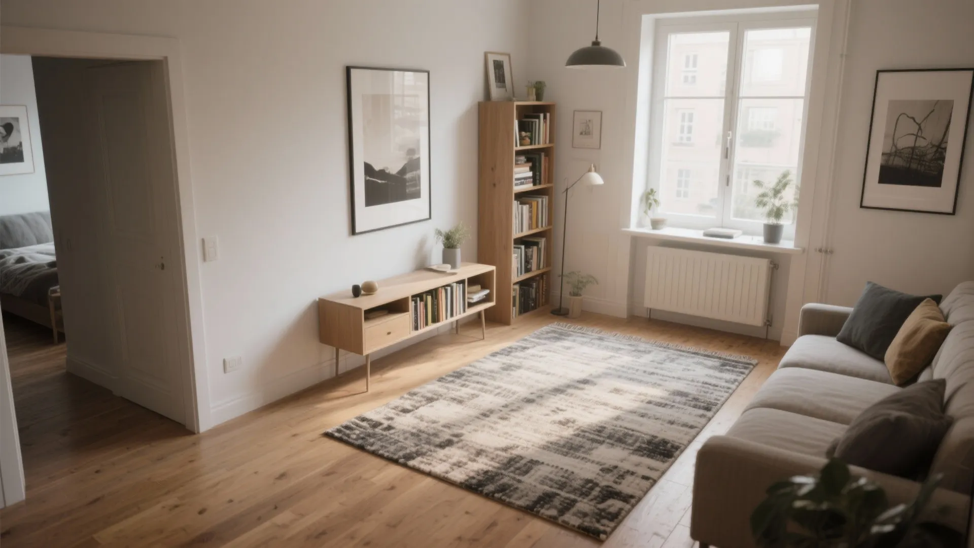 Open-plan small apartment with zones defined by a rug, low bookshelf and slim console, showing clear sightlines.