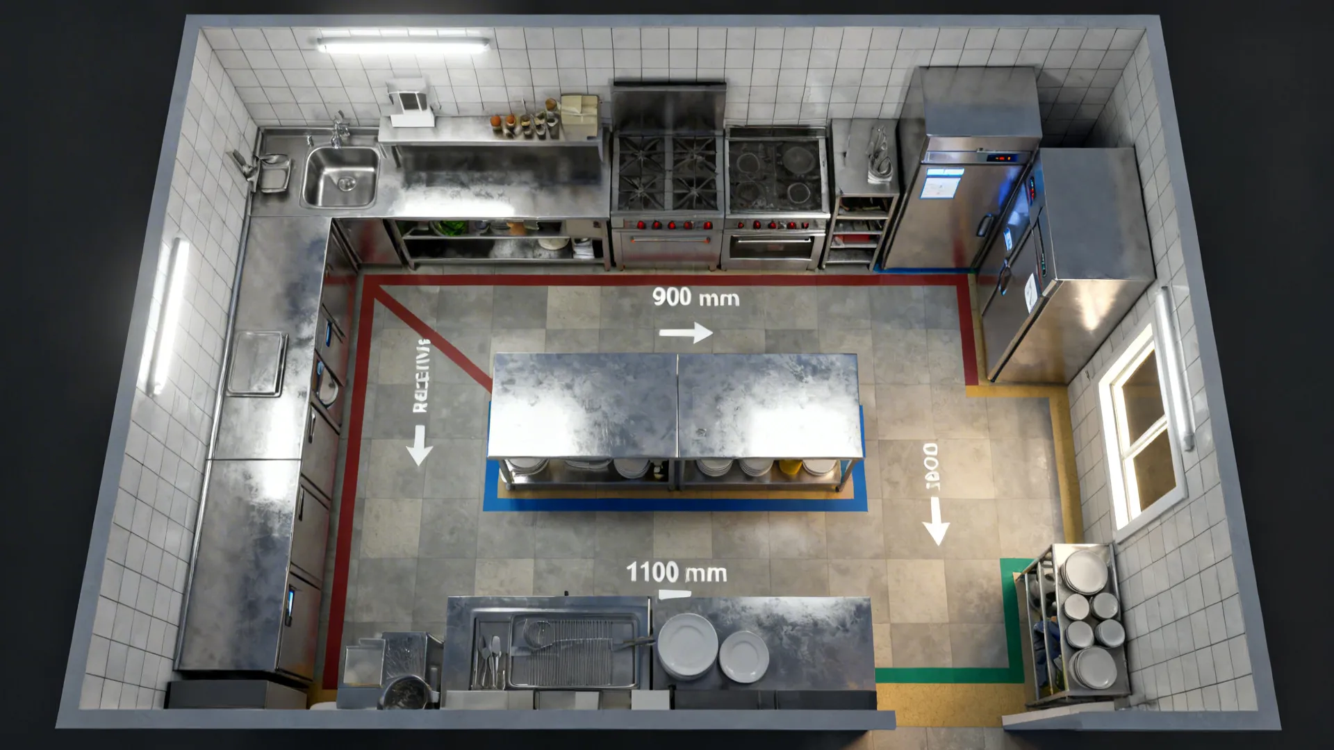 Top-down plan of a compact kitchen showing color-coded zones and a tight work triangle.