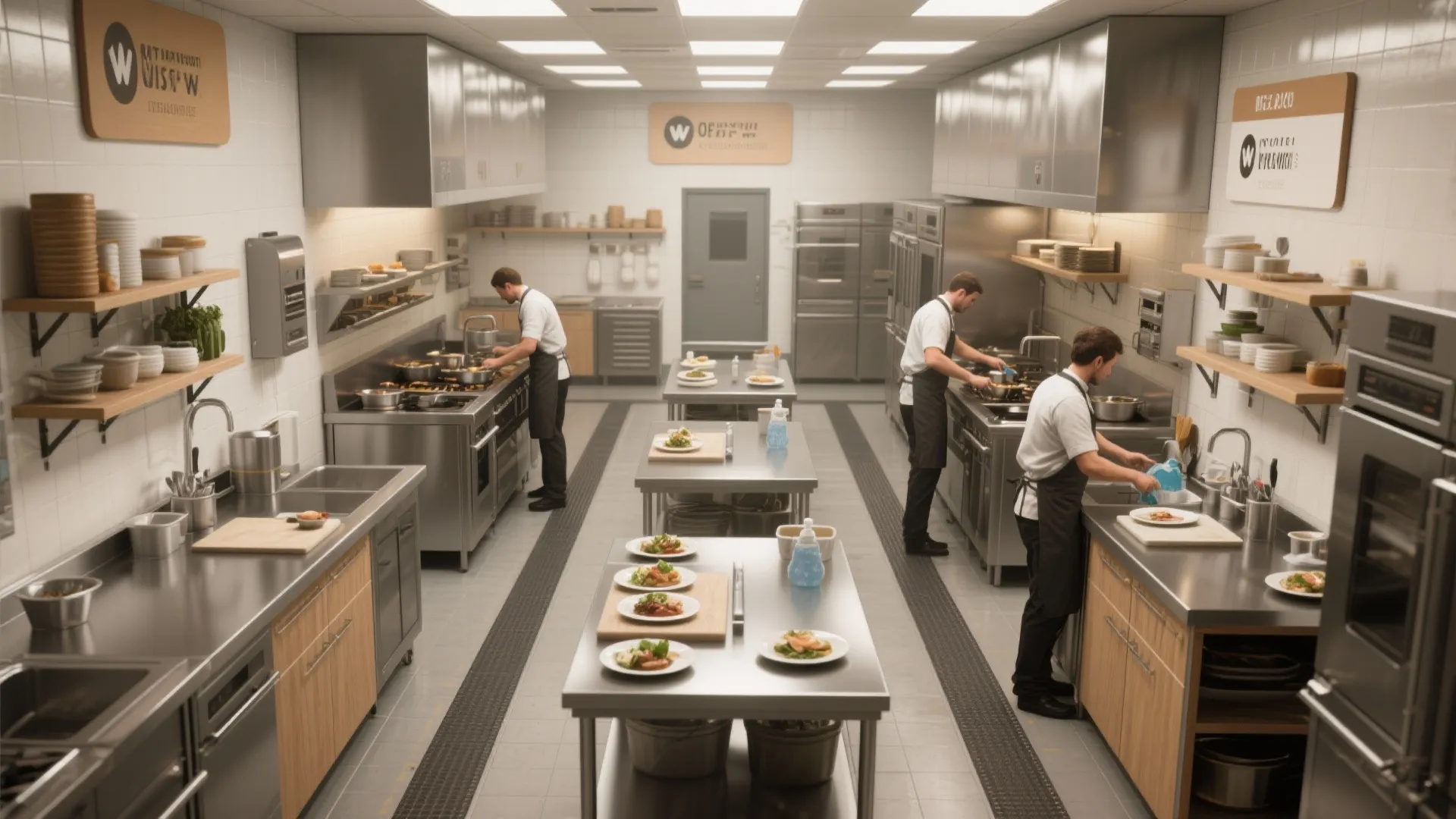 Professional commercial kitchen with chefs preparing food on stainless steel tables under bright ceiling lights