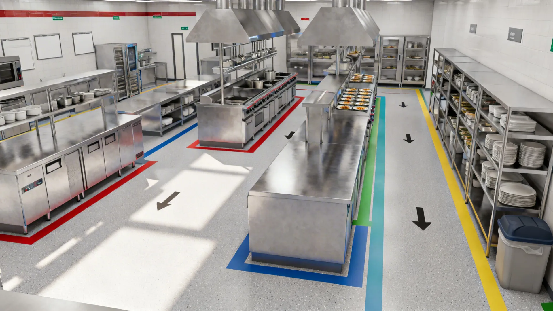 Commercial kitchen with stainless steel counters and colored floor lines showing the room layout workflow