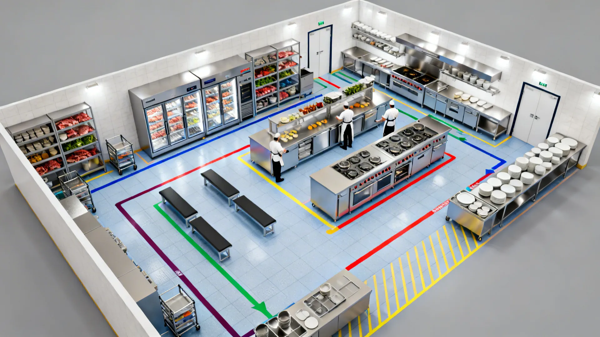 Interior design drawing of a commercial kitchen layout showing workflow paths and stainless steel equipment
