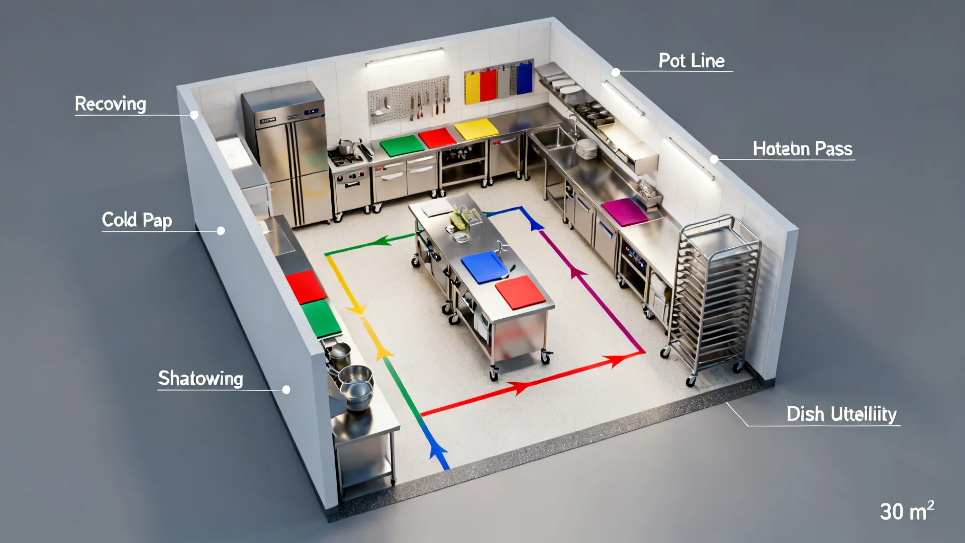 Top-down layout showing catering kitchen zones and one-way arrows minimizing cross-traffic.