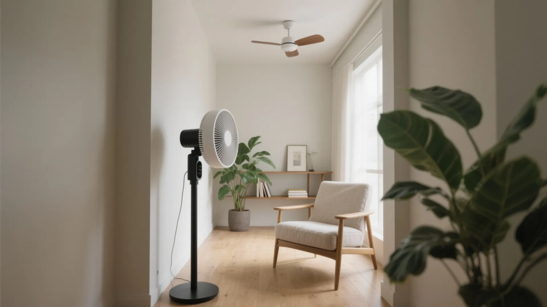 Narrow room with a ceiling fan and a slim tower fan directing air toward a reading chair.