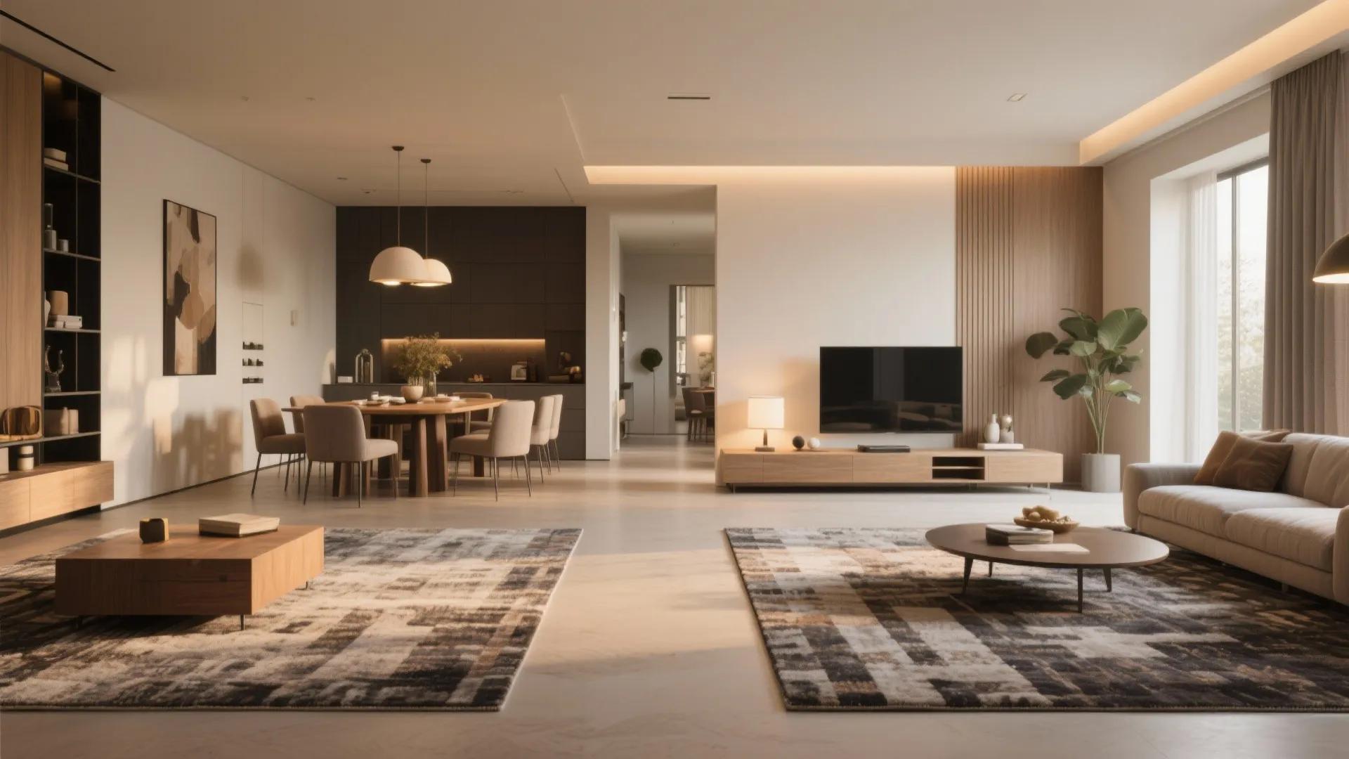 Modern open living room with dining area two grey rugs wooden coffee table and television