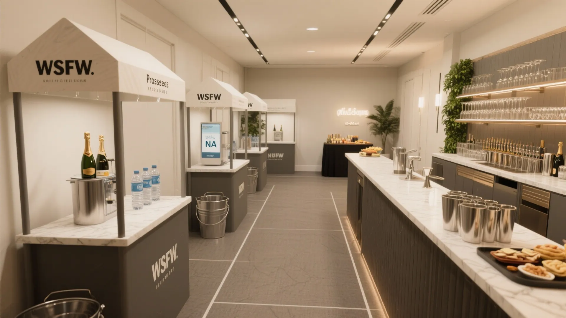 Compact hall with separate prosecco, hydration, and snack micro-stations using narrow counters.