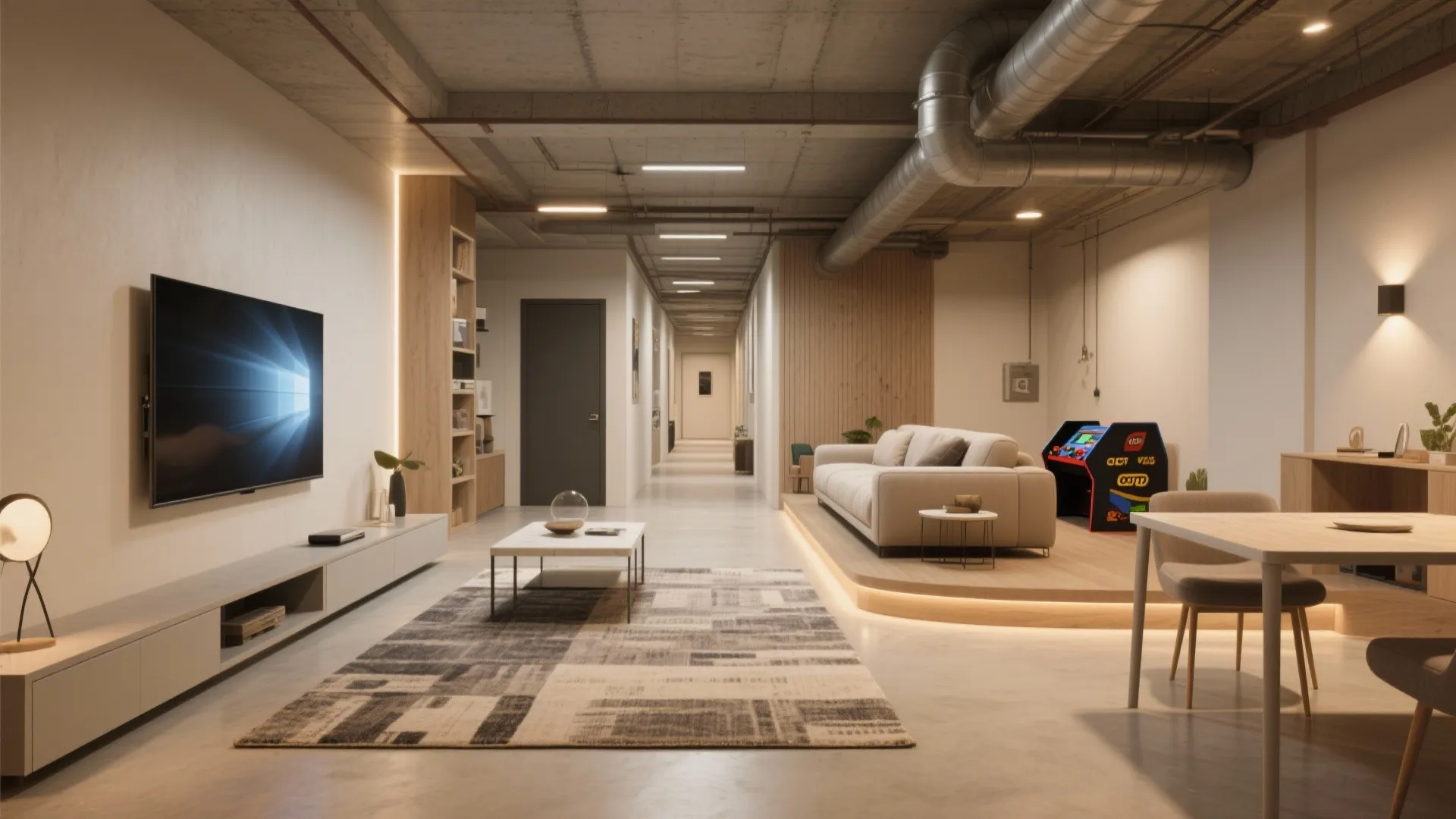 Open basement showing distinct lounge, media, and game zones with rugs and low-profile furniture.