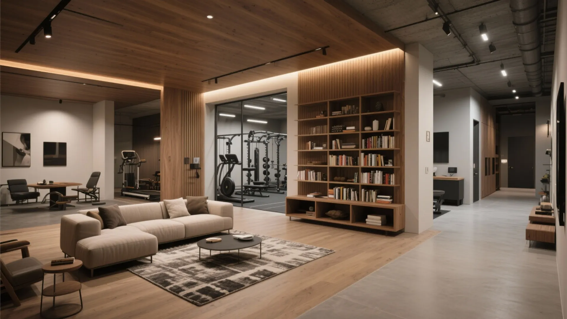 Modern basement layout with cream sofa wooden bookshelf gym equipment area and industrial ceiling light fixtures
