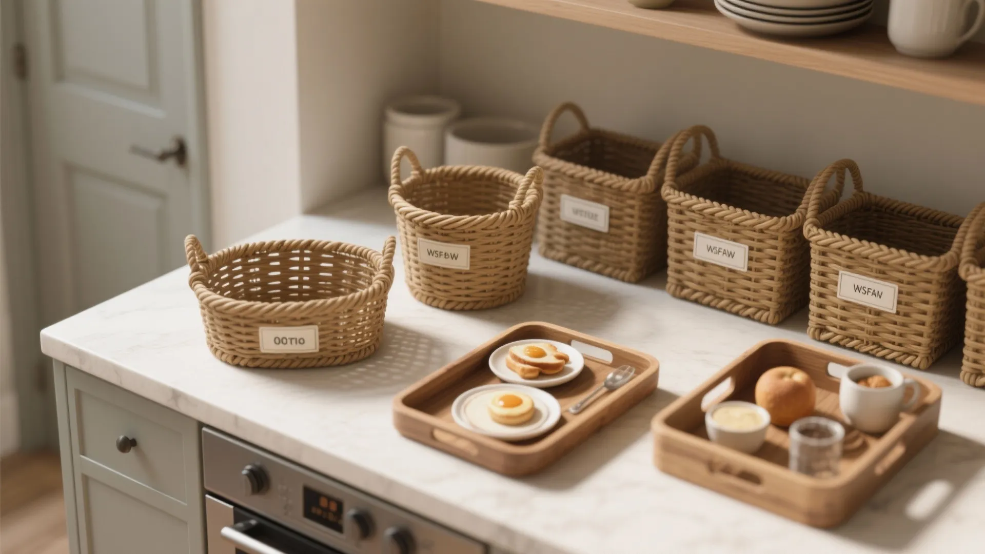 Modern kitchen marble countertop with woven storage baskets and wooden trays holding small breakfast plates
