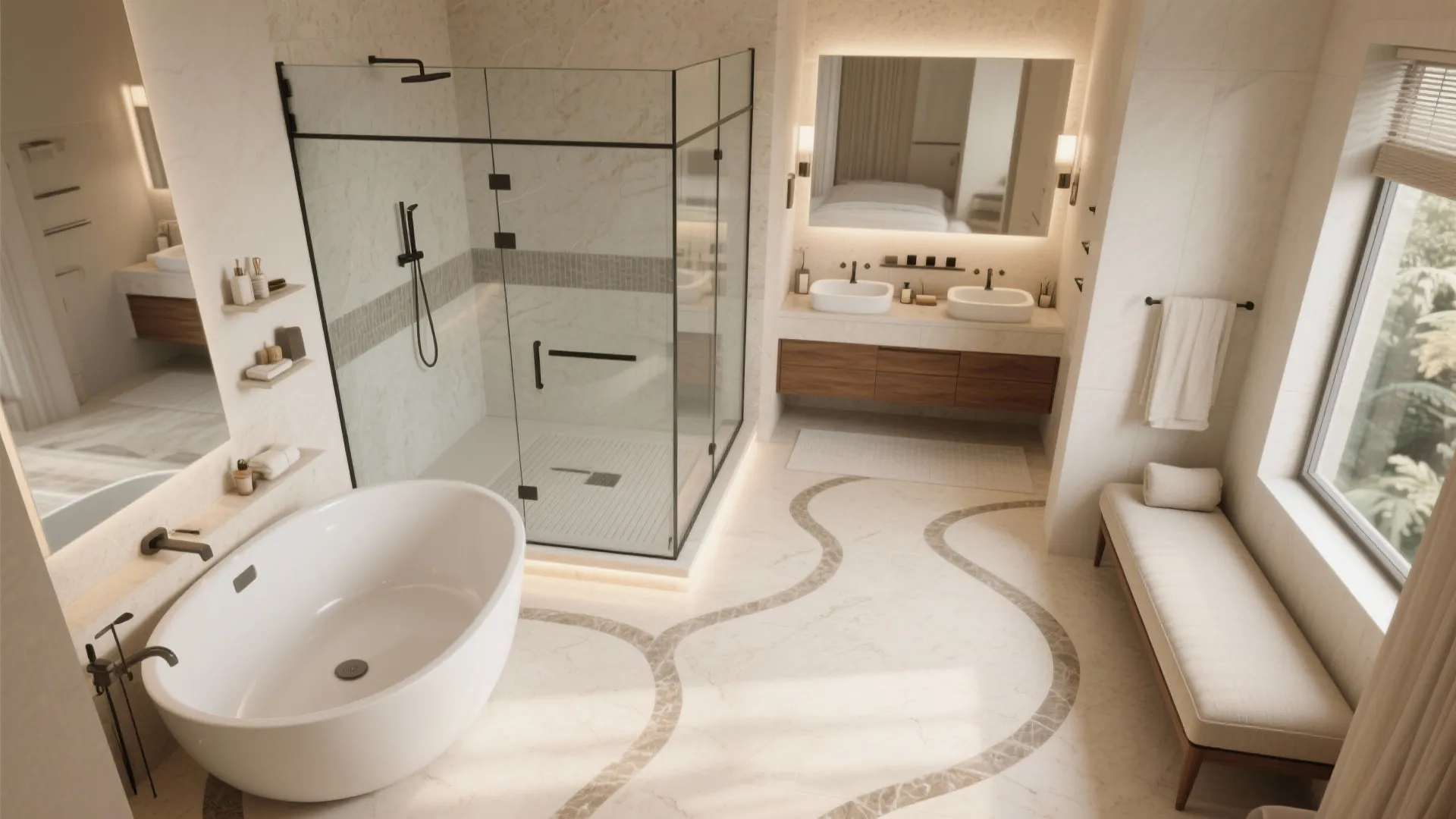 Top view of spacious bathroom showing white bathtub glass shower wood cabinet and decorative floor patterns