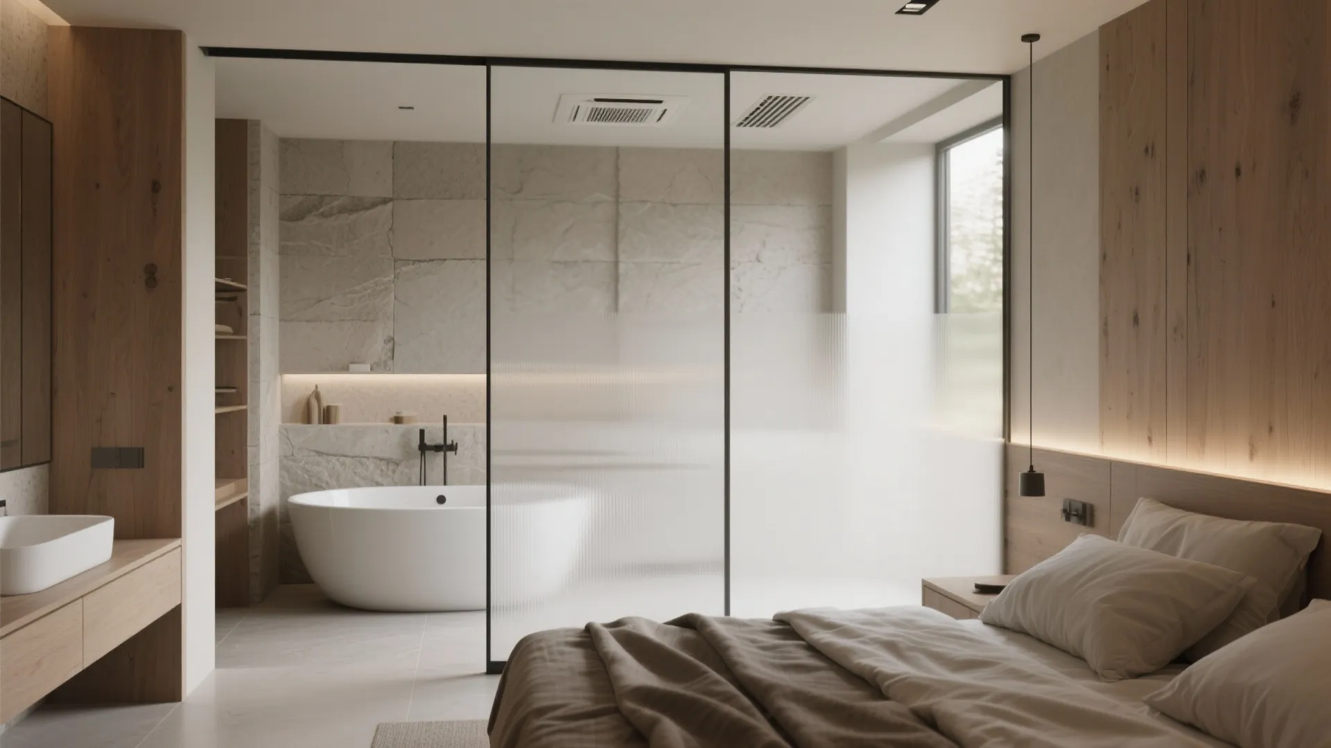 Bedroom and bathtub separated by a low half-wall and frosted glass divider in a compact suite