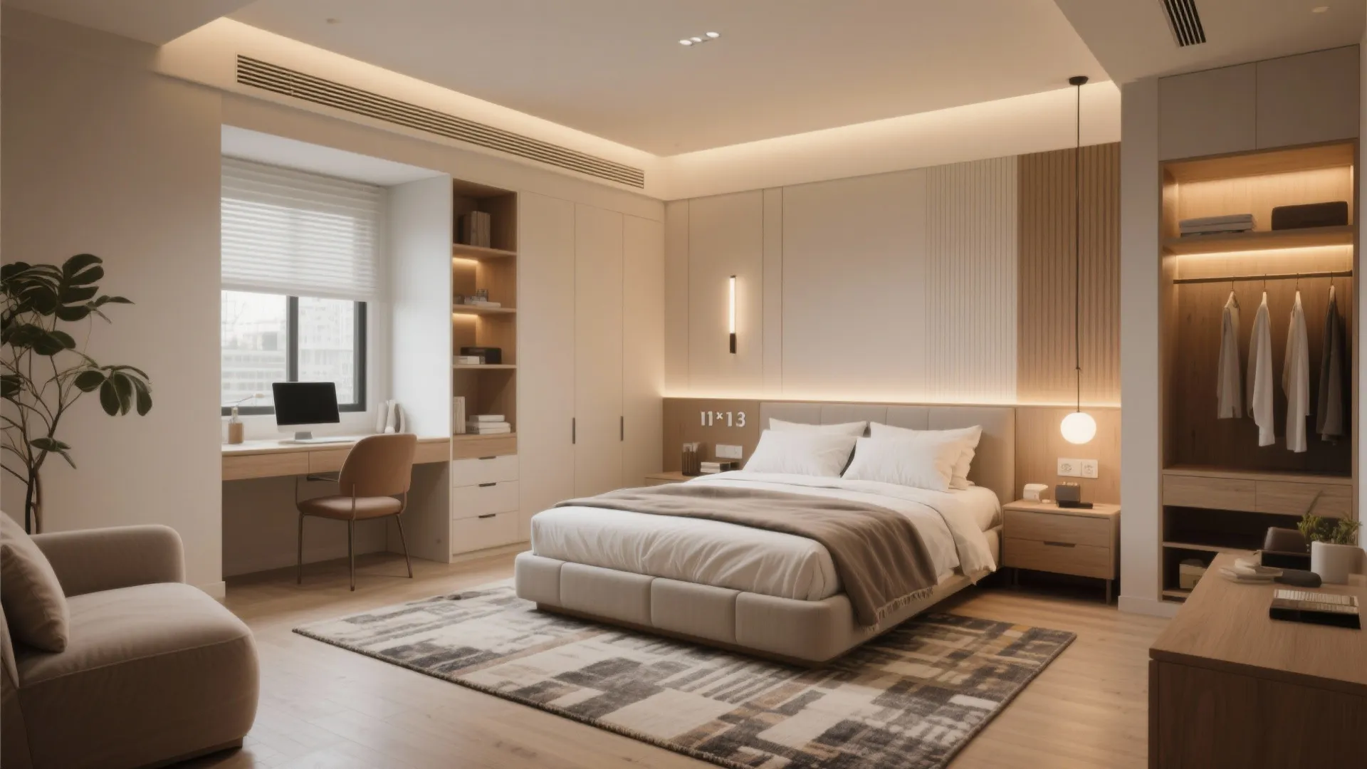 Spacious bedroom layout with study desk wooden closet area patterned rug and warm ceiling lights