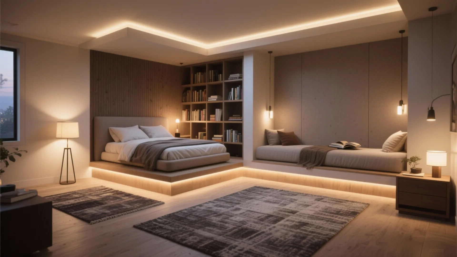 Modern bedroom with platform bed, wooden bookshelf, reading bench, soft warm lighting, and grey rug