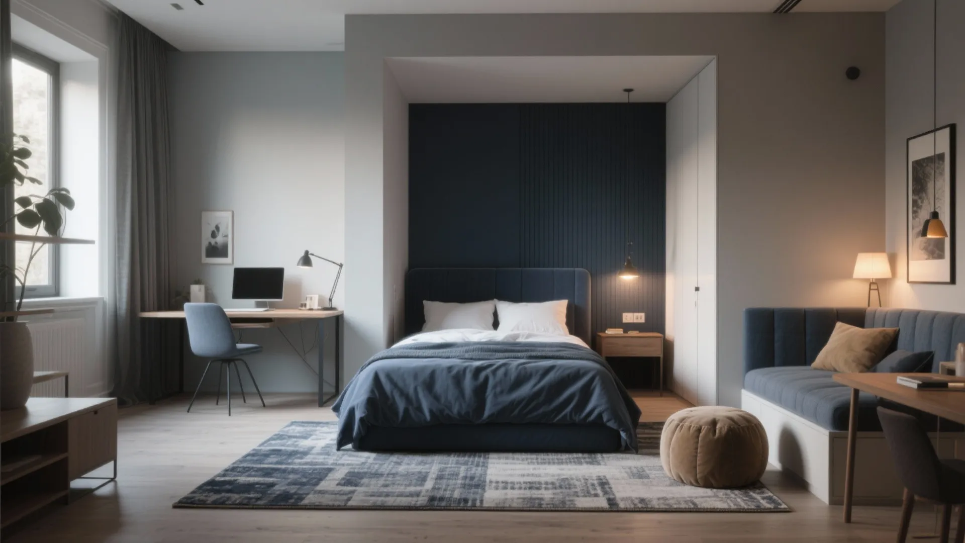 Wide view of a small bedroom with defined zones for sleeping, working, and relaxing using rugs, lighting, and furniture.